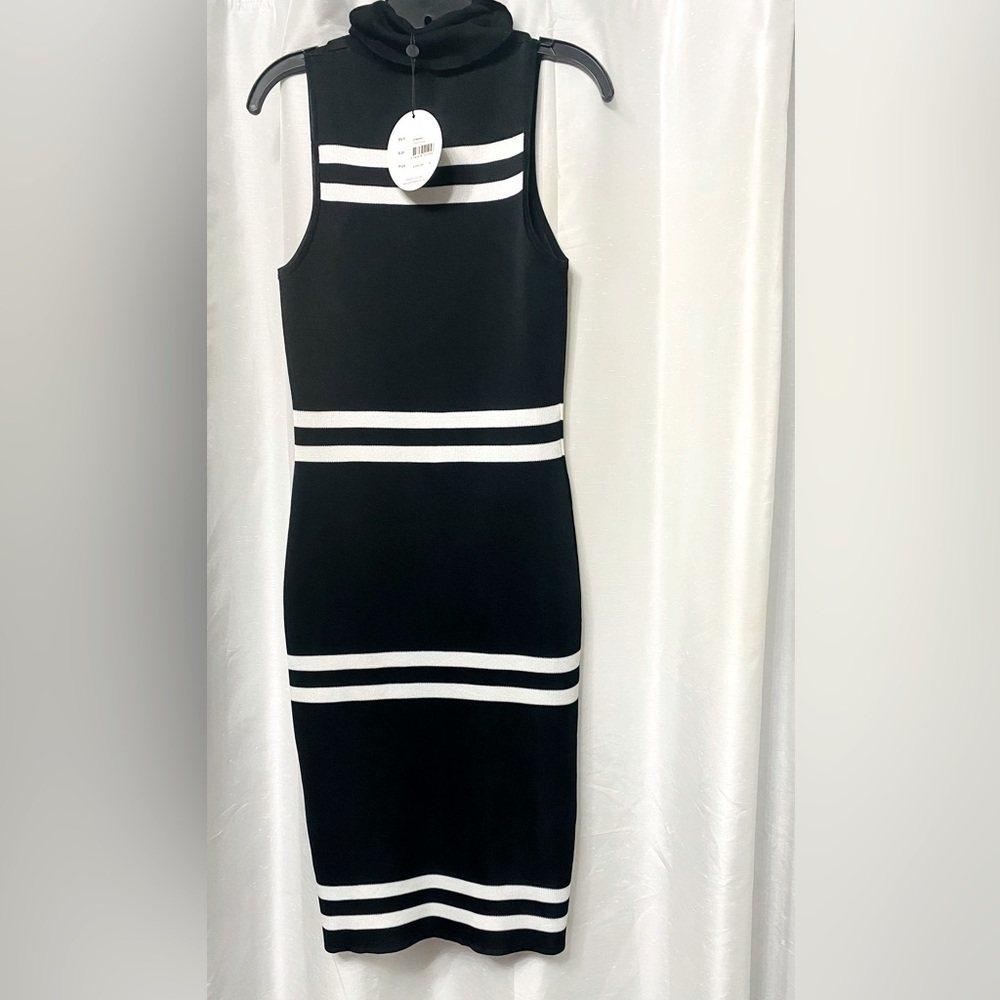 Cameo Pyramid Dress in Black and Ivory Bodycon Sleeveless Turtleneck Dress (New)